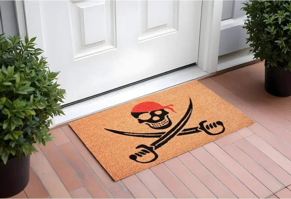 17" X 29" Natural Red and Black Coir Pirate Outdoor Halloween Door Mat HomeRoots