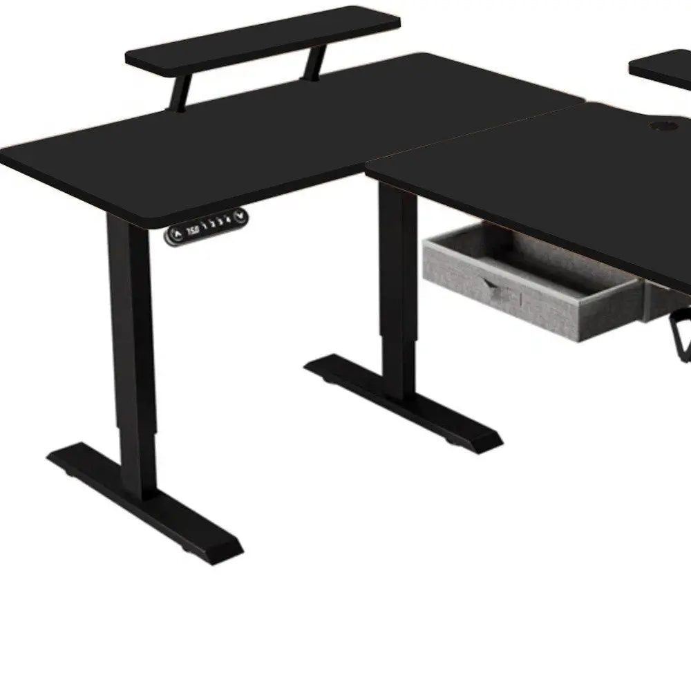 Adjustable Oak and Beige Wood and Metal Corner Rolling T-Shape Standing Desk HomeRoots