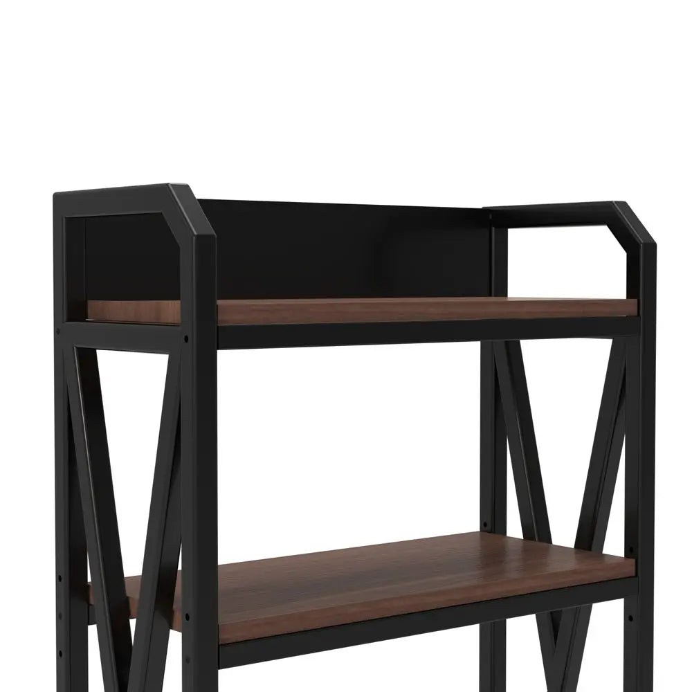 56" Black And Brown Metal and Wood Four Tier Etagere Bookcase - NOBLE HOME INTERIORS