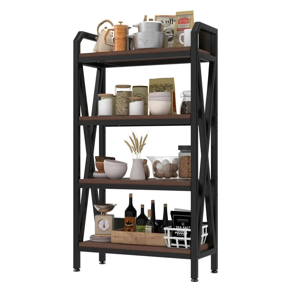 56" Black And Brown Metal and Wood Four Tier Etagere Bookcase - NOBLE HOME INTERIORS