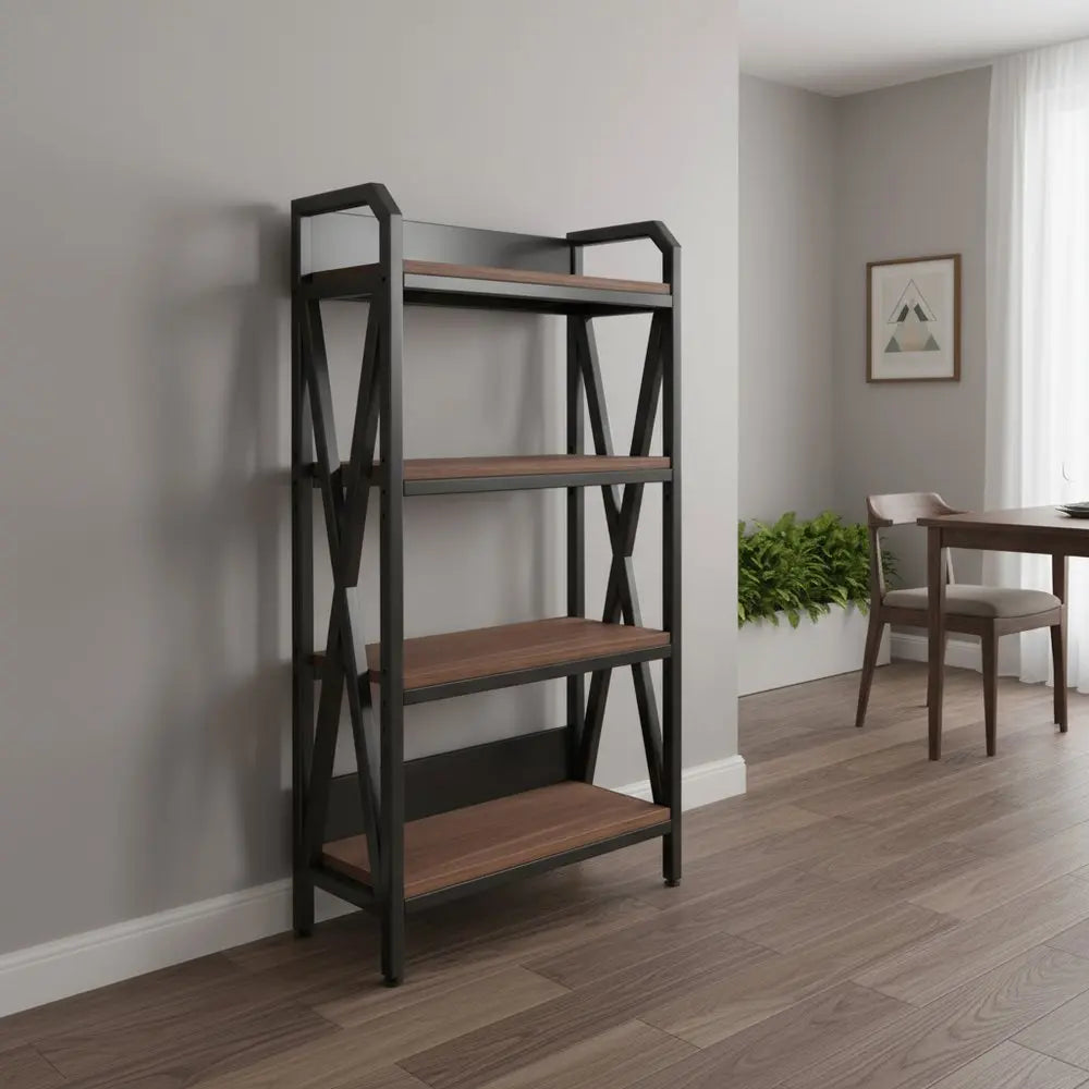 56" Black And Brown Metal and Wood Four Tier Etagere Bookcase - NOBLE HOME INTERIORS
