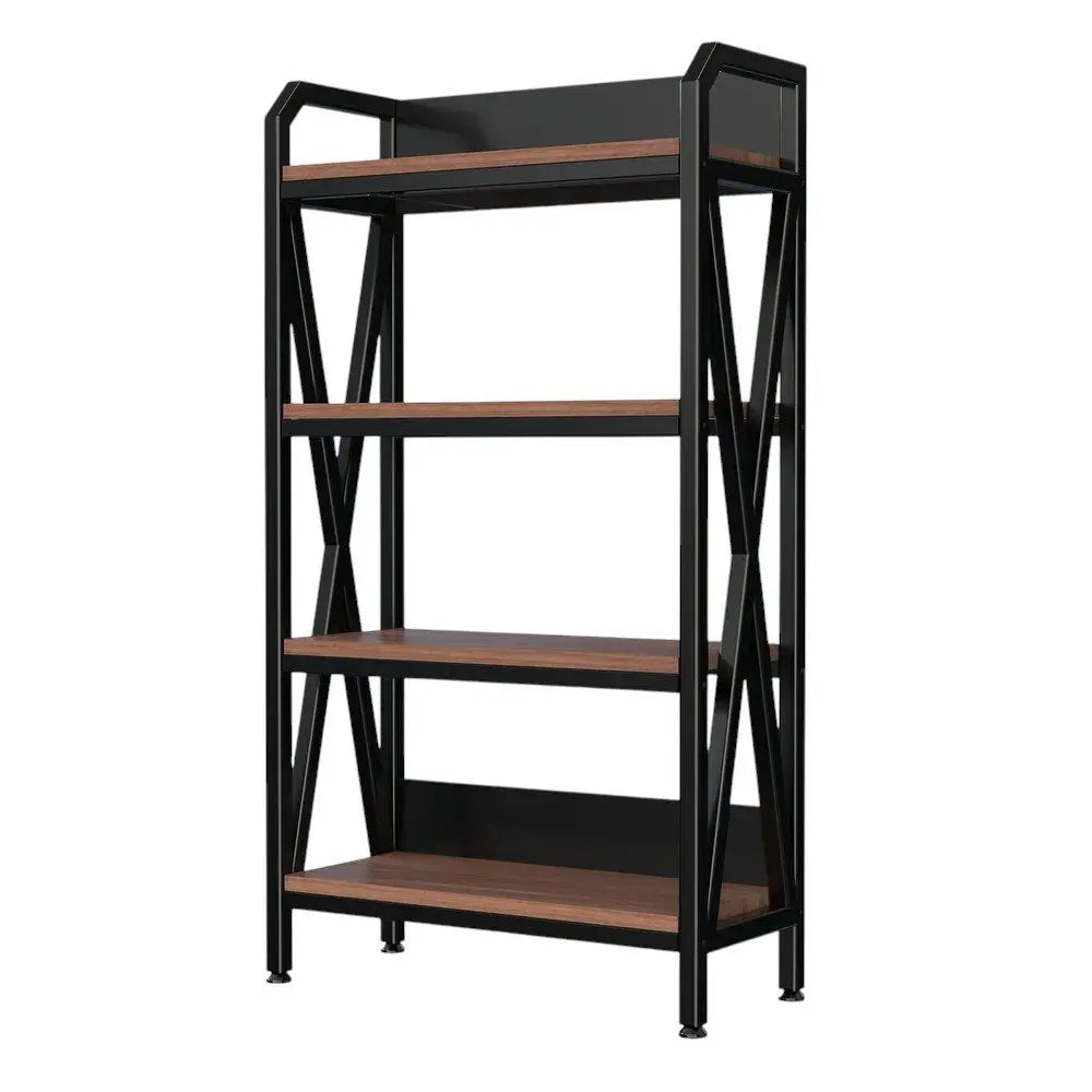 56" Black And Brown Metal and Wood Four Tier Etagere Bookcase - NOBLE HOME INTERIORS