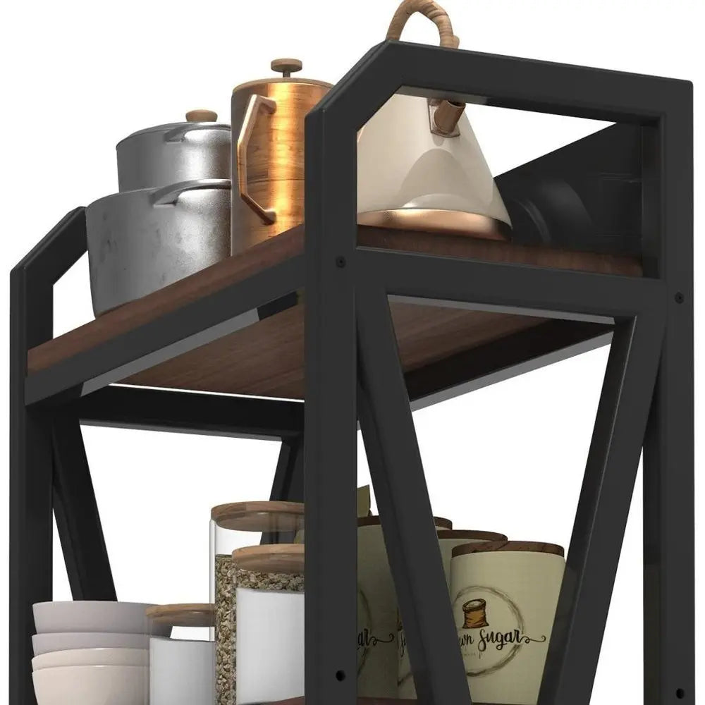 56" Black And Brown Metal and Wood Four Tier Etagere Bookcase - NOBLE HOME INTERIORS