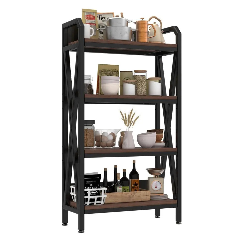 56" Black And Brown Metal and Wood Four Tier Etagere Bookcase - NOBLE HOME INTERIORS