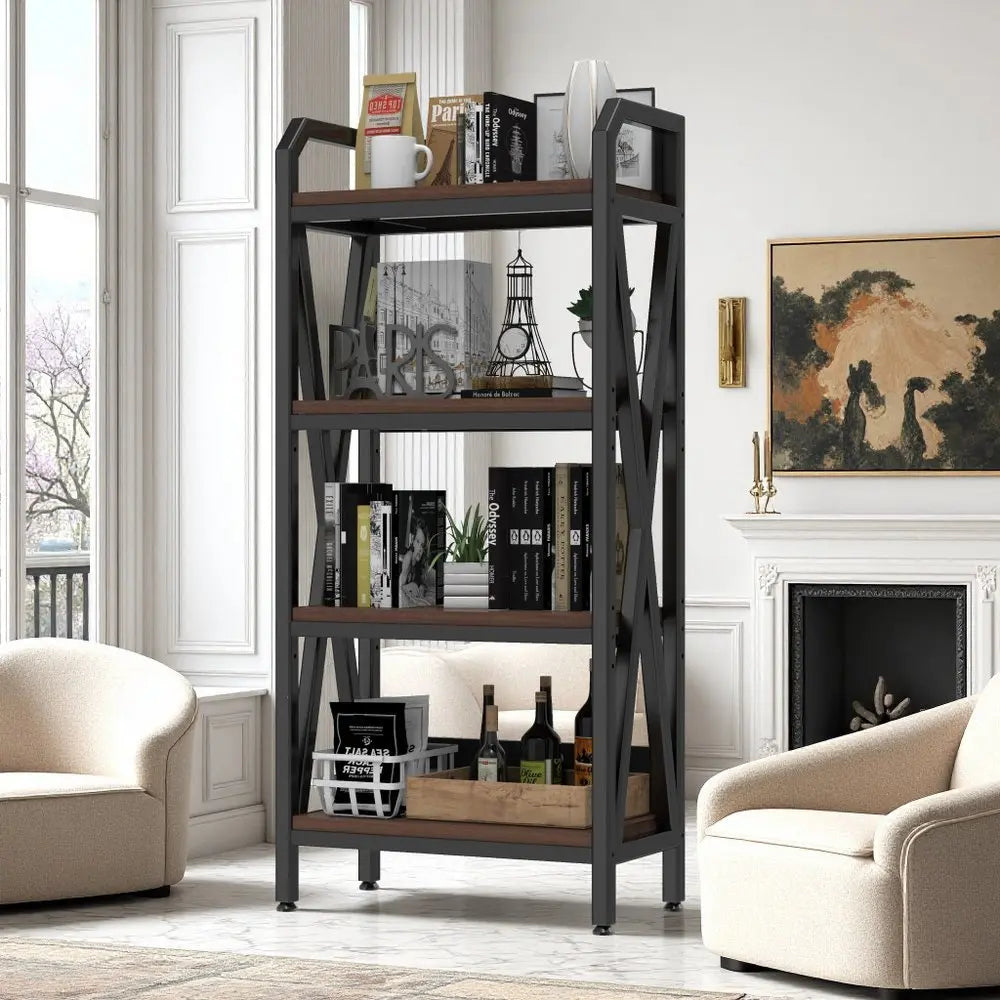 56" Black And Brown Metal and Wood Four Tier Etagere Bookcase - NOBLE HOME INTERIORS