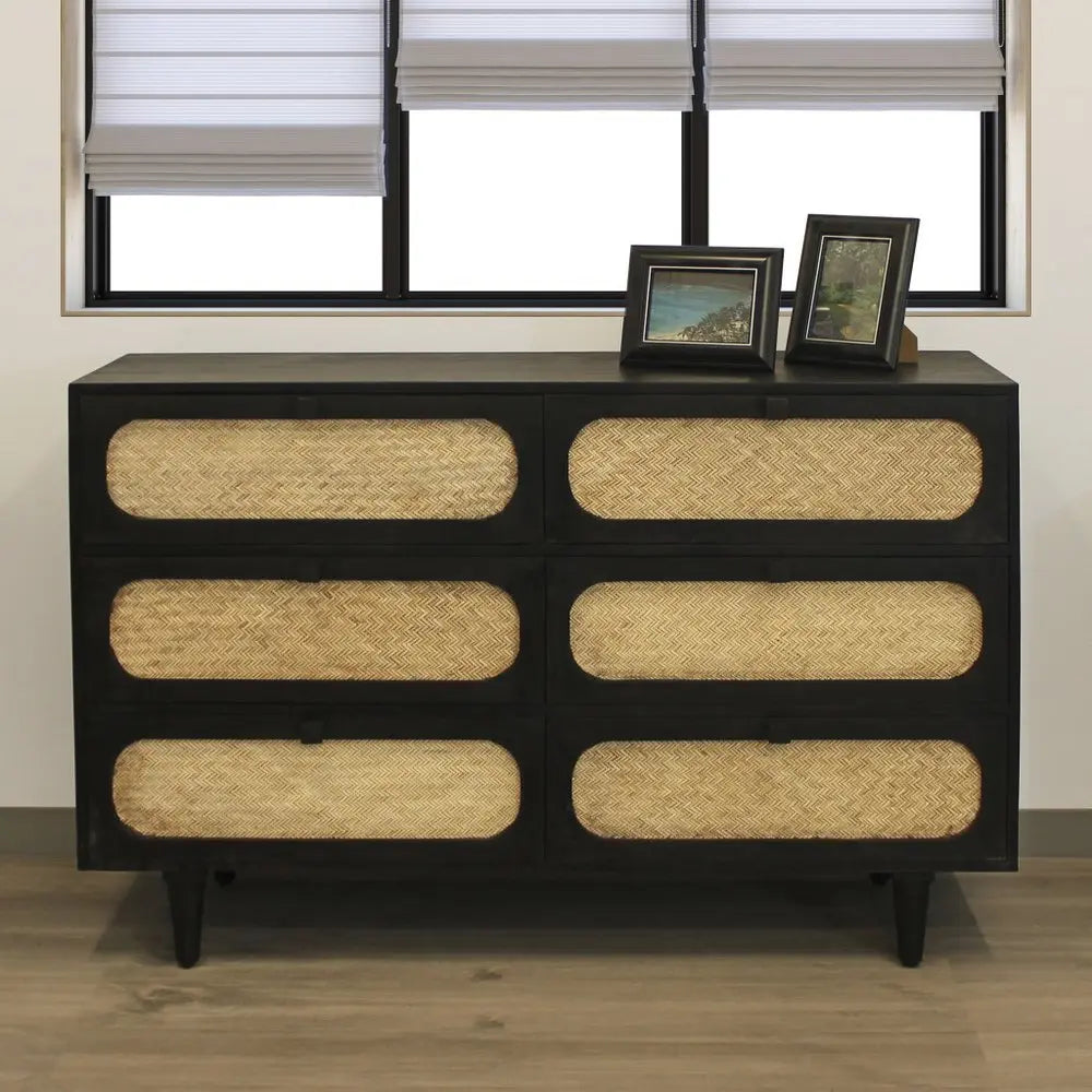 56" Black And Natural Solid Wood And Rattan Six Drawer Double Dresser - NOBLE HOME INTERIORS