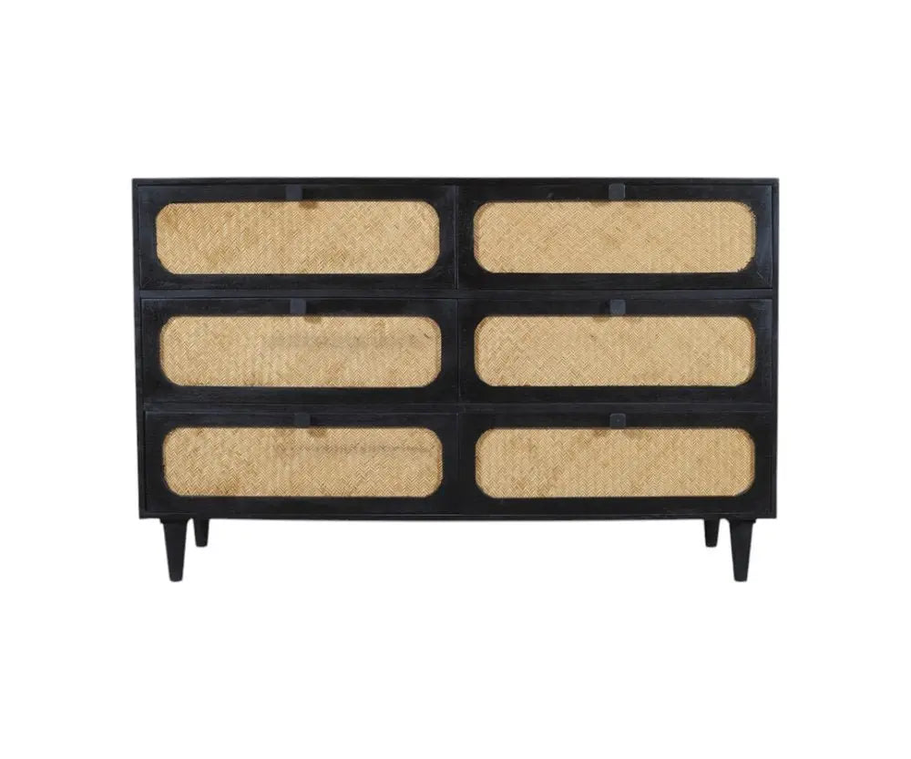 56" Black And Natural Solid Wood And Rattan Six Drawer Double Dresser - NOBLE HOME INTERIORS