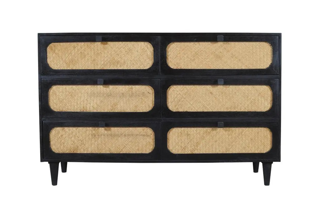 56" Black And Natural Solid Wood And Rattan Six Drawer Double Dresser - NOBLE HOME INTERIORS