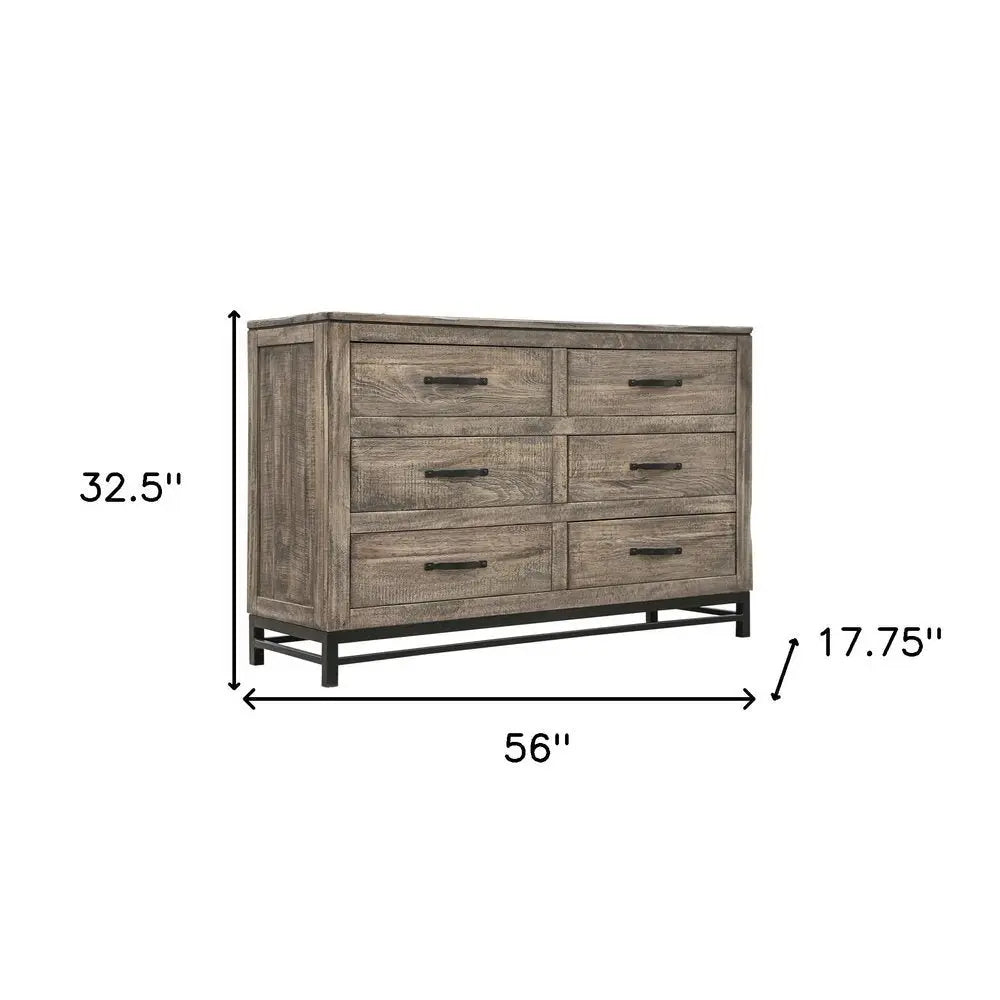 56" Brown Solid Wood Six Drawer Double Dresser - NOBLE HOME INTERIORS