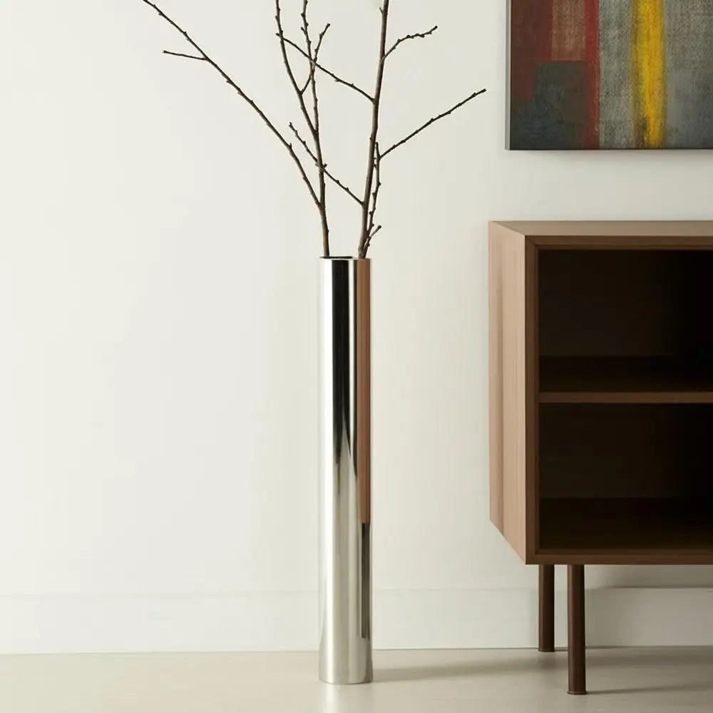 56" Silver Aluminum Cylinder Table Vase - NOBLE HOME INTERIORS