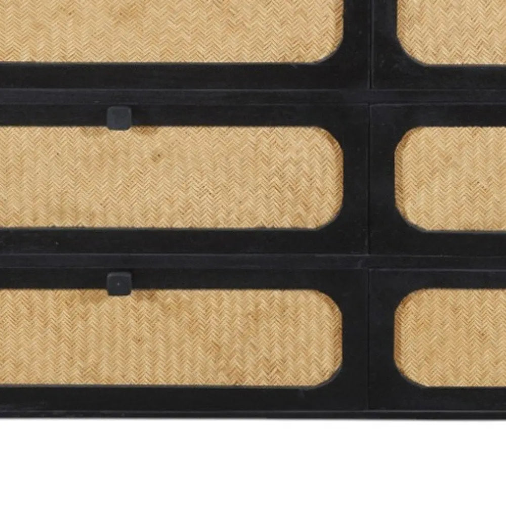 56" Black And Natural Solid Wood And Rattan Six Drawer Double Dresser HomeRoots