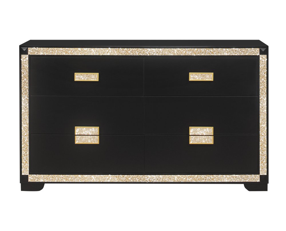 62" Black And Gold Faux Crystal Bling Wood Six Drawer Double Dresser