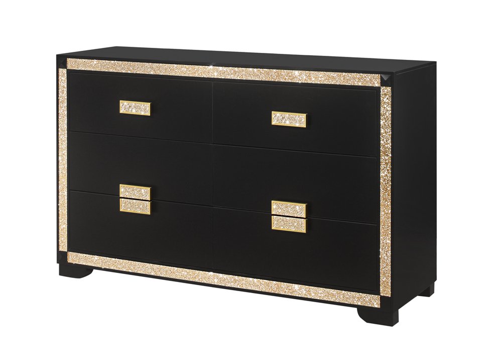 62" Black And Gold Faux Crystal Bling Wood Six Drawer Double Dresser