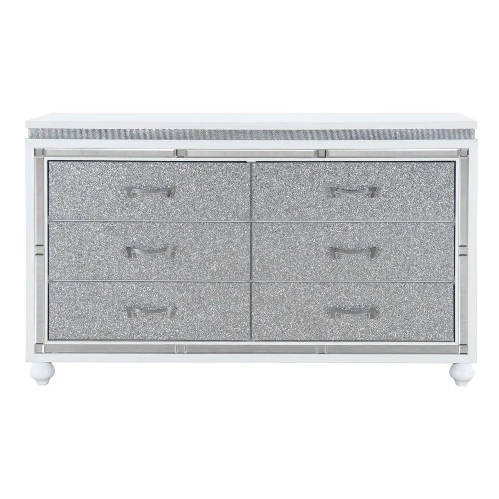 58" White And Silver Faux Crystal Bling Wood Six Drawer Double Dresser HomeRoots