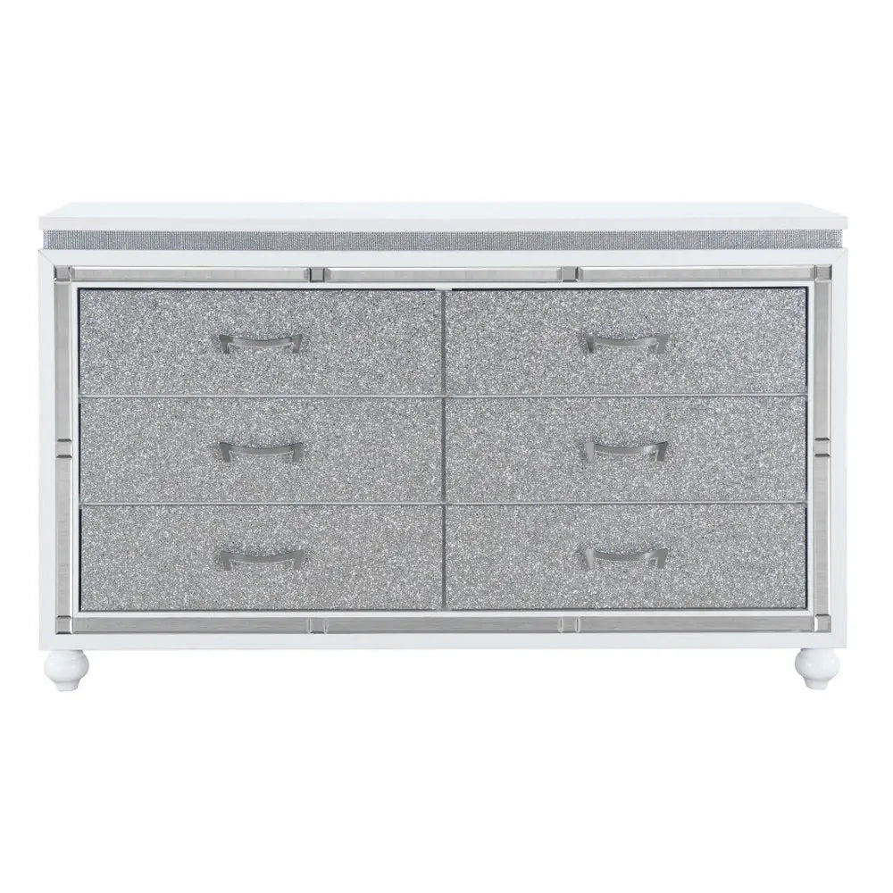 58" White And Silver Faux Crystal Bling Wood Six Drawer Double Dresser HomeRoots