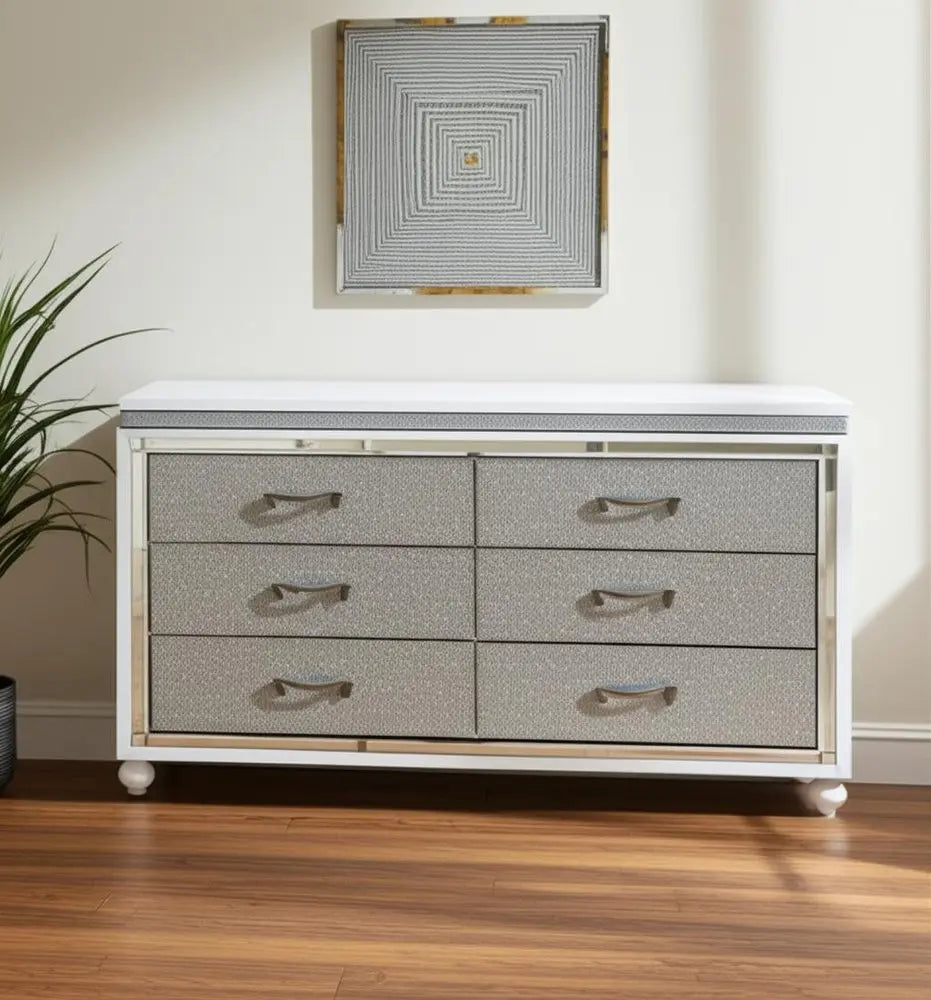 58" White And Silver Faux Crystal Bling Wood Six Drawer Double Dresser HomeRoots