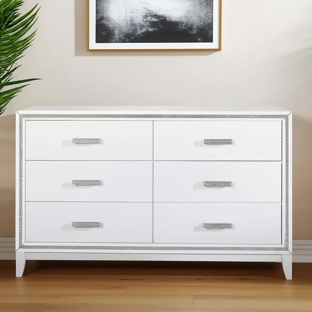 63" White And Silver Faux Crystal Bling Wood Six Drawer Double Dresser HomeRoots