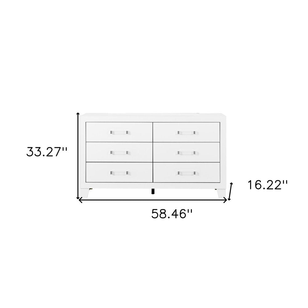 58" White Wood Six Drawer Double Dresser