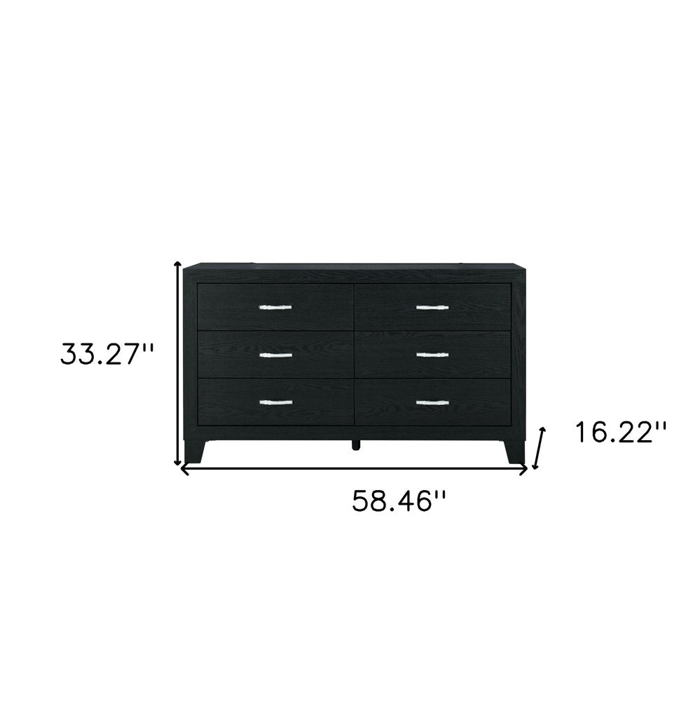58" Black Wood Six Drawer Double Dresser