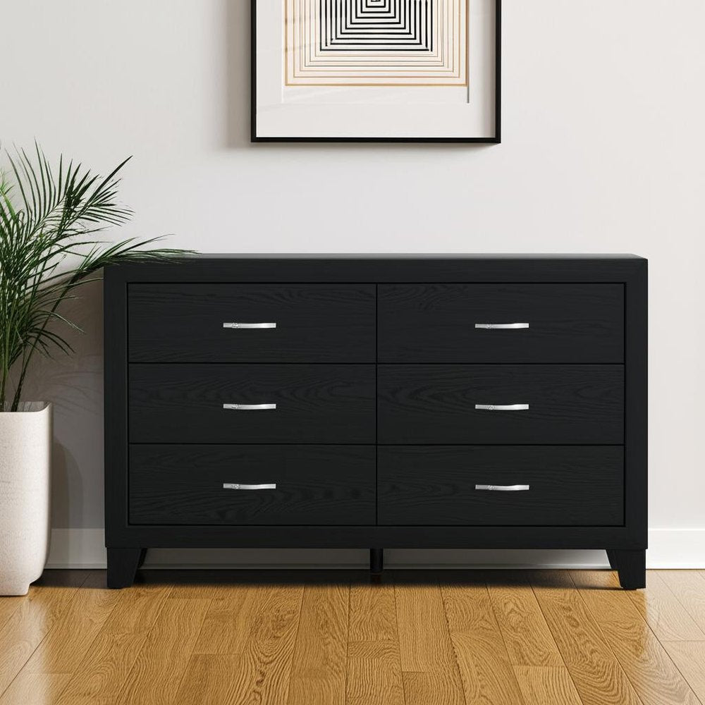 58" Black Wood Six Drawer Double Dresser