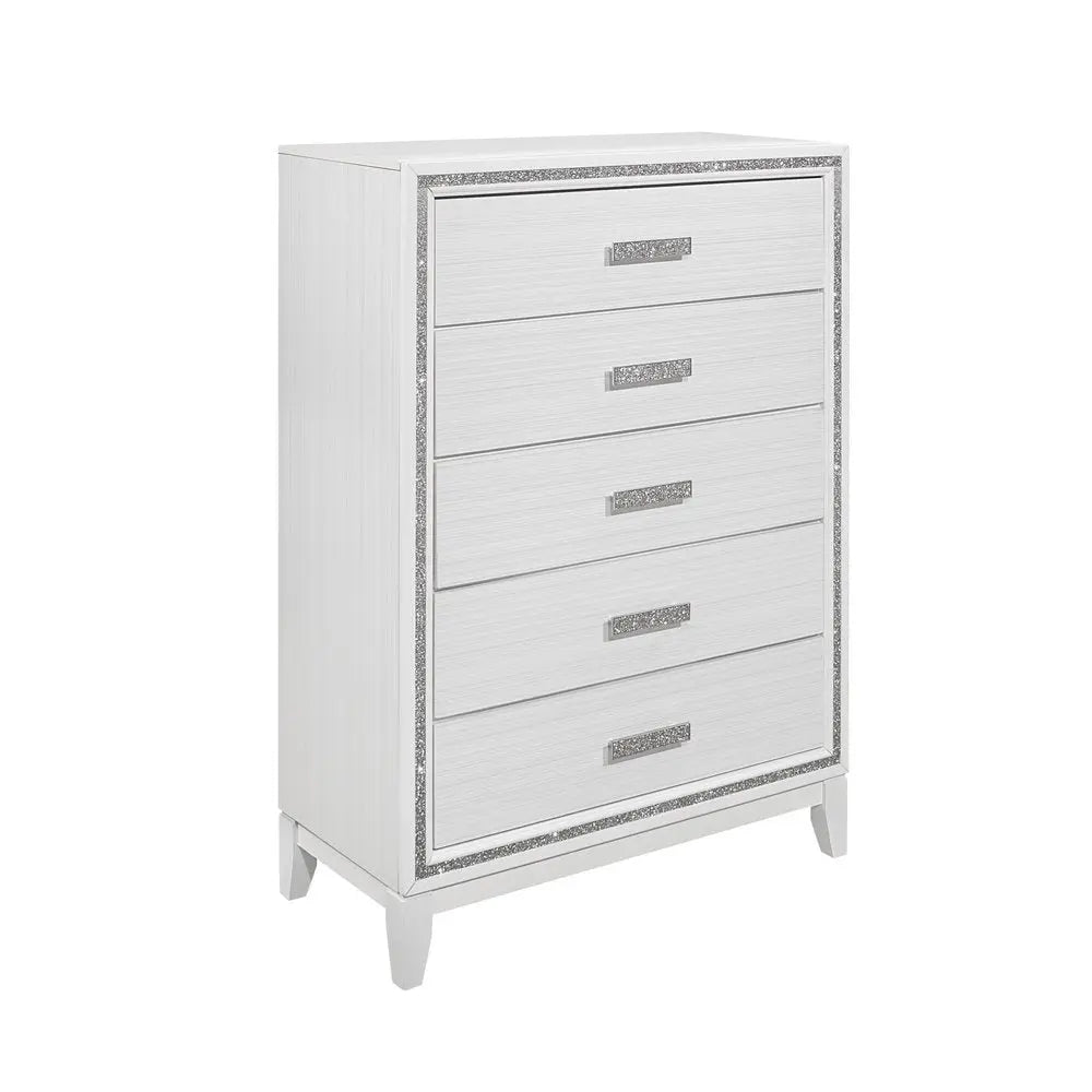 49" White And Silver And Faux Wood And Crystal Bling Lighted Five Drawer Dresser HomeRoots