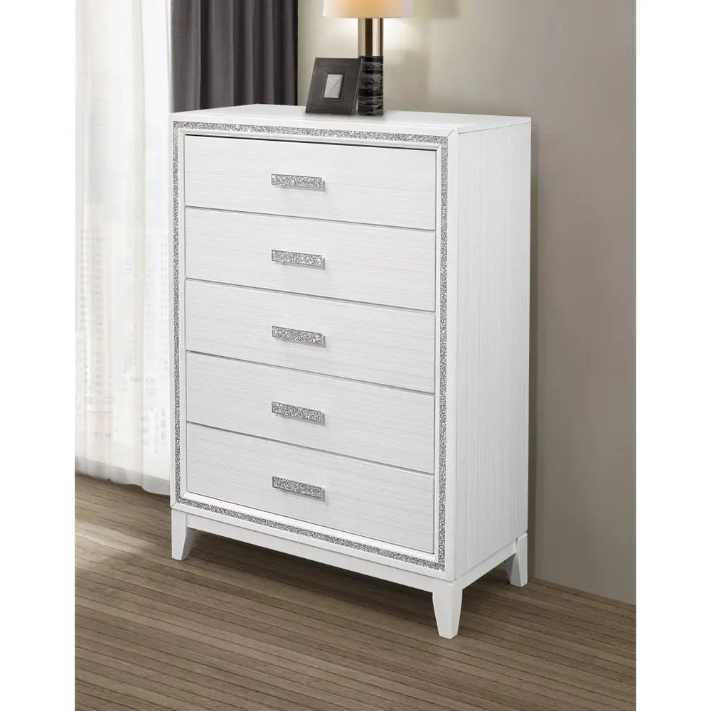 49" White And Silver And Faux Wood And Crystal Bling Lighted Five Drawer Dresser HomeRoots