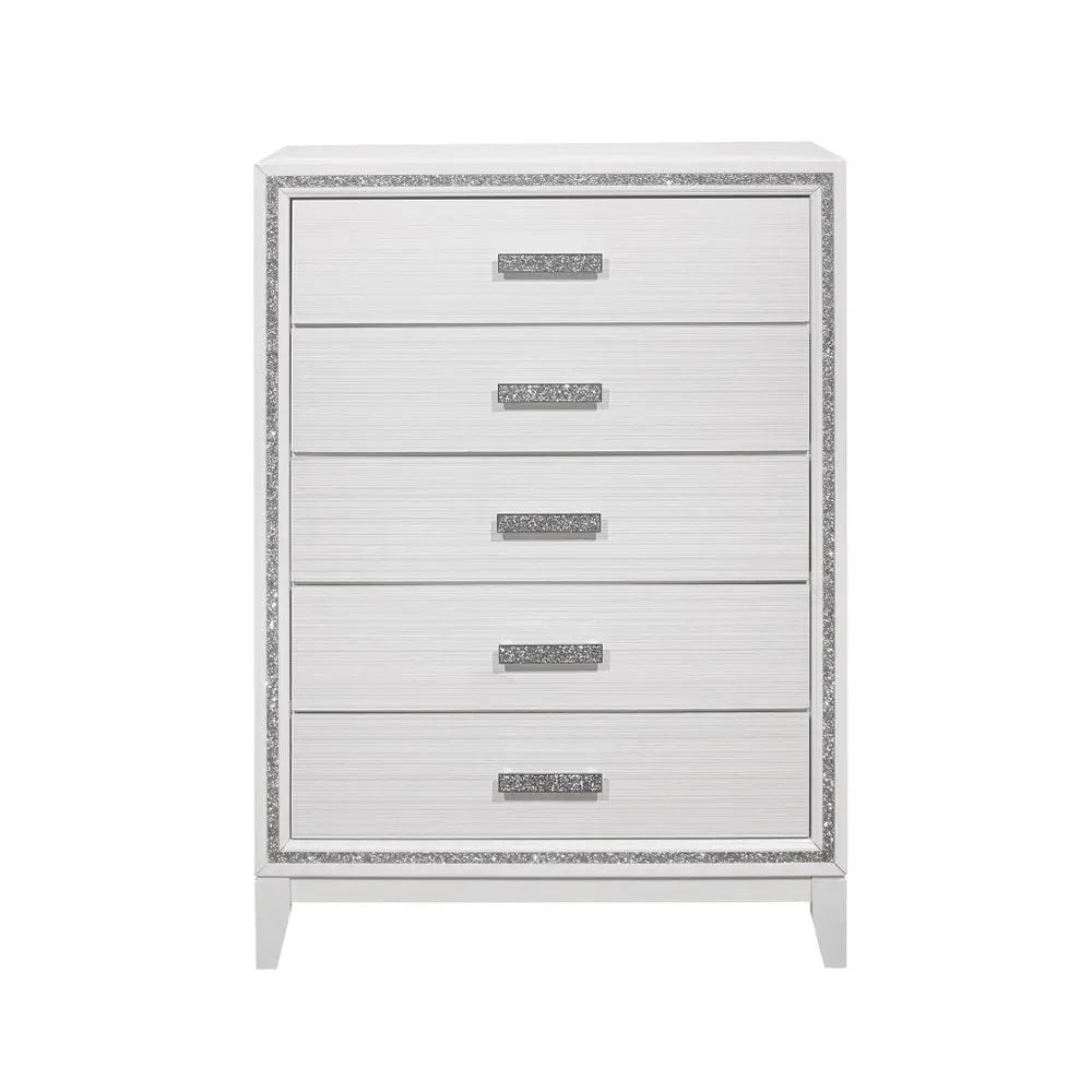 49" White And Silver And Faux Wood And Crystal Bling Lighted Five Drawer Dresser HomeRoots