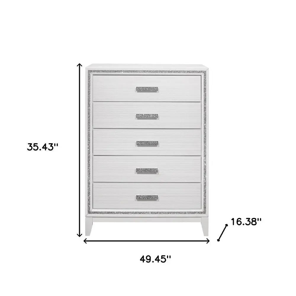 49" White And Silver And Faux Wood And Crystal Bling Lighted Five Drawer Dresser HomeRoots