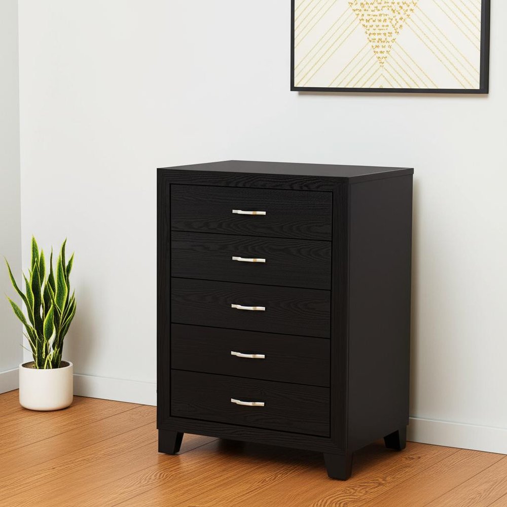 49" Black Wood Five Drawer Dresser