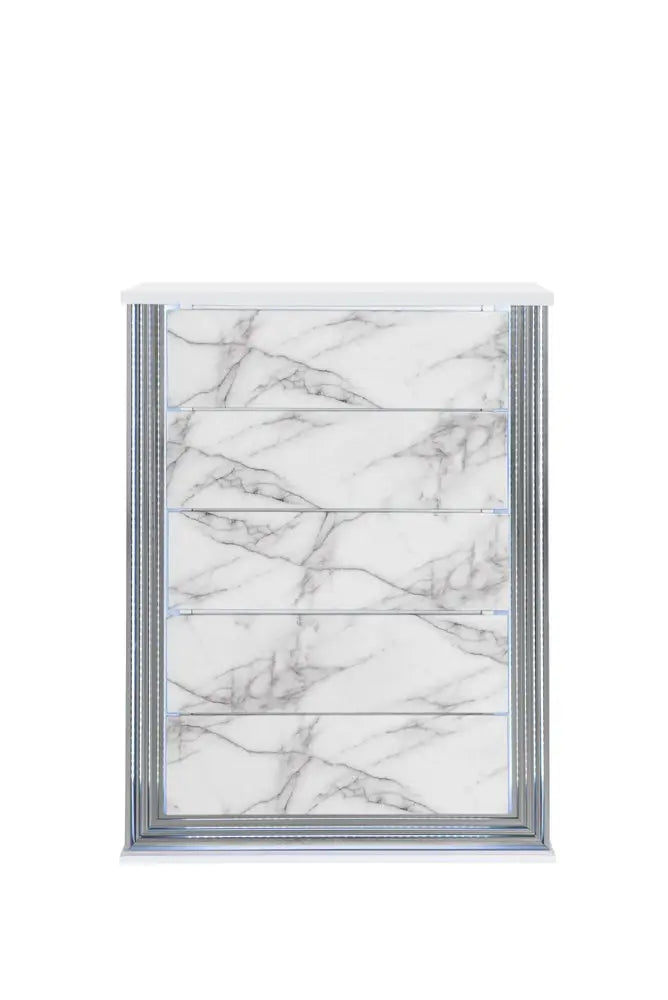 49" Silver And White Wood Faux Marble Lighted Five Drawer Dresser HomeRoots