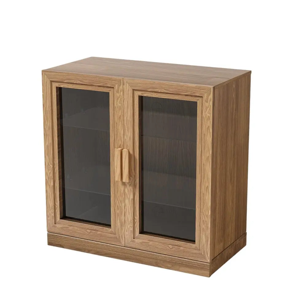 31" Natural And Clear Glass Door Accent Cabinet With Three Shelves HomeRoots