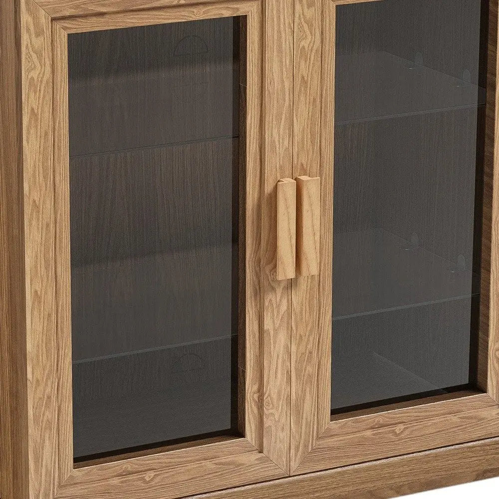 31" Natural And Clear Glass Door Accent Cabinet With Three Shelves HomeRoots