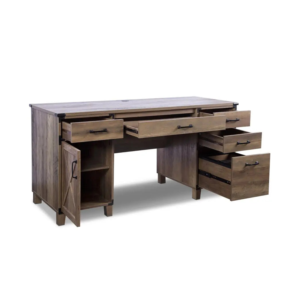 59" Natural Wood Executive Desk With Five Drawers HomeRoots