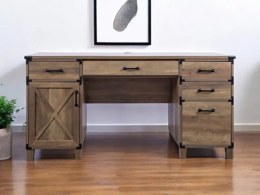 59" Natural Wood Executive Desk With Five Drawers HomeRoots