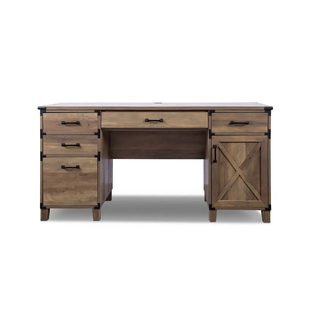 59" Natural Wood Executive Desk With Five Drawers HomeRoots