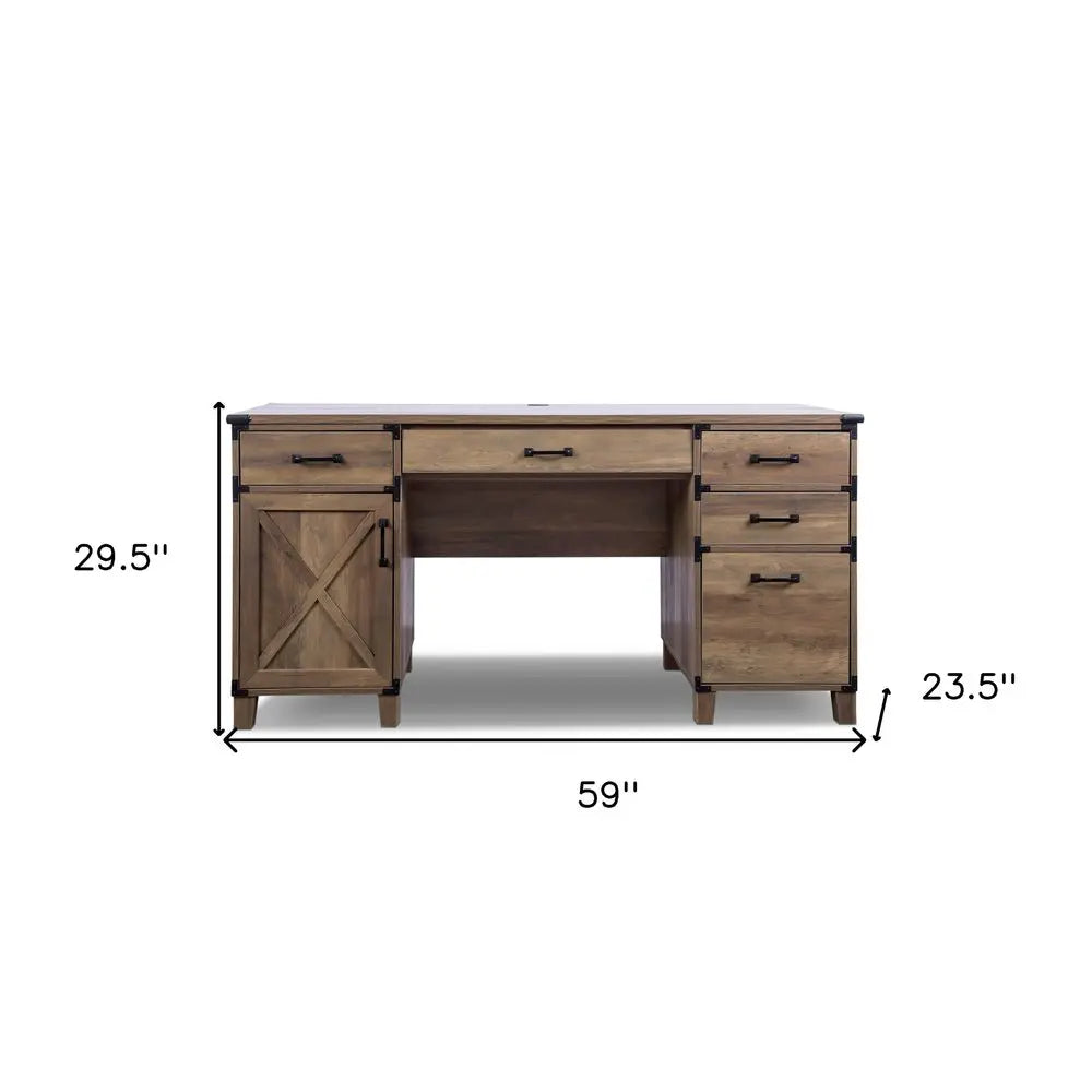59" Natural Wood Executive Desk With Five Drawers HomeRoots