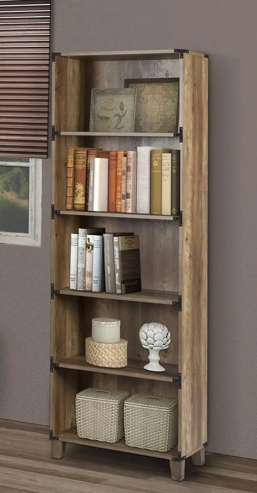 71" Oak Distressed Wood Five Tier Etagere Bookcase HomeRoots