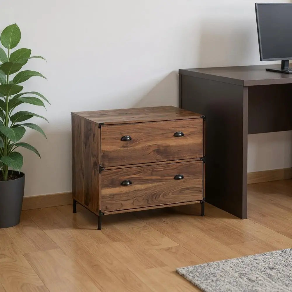 30" Walnut Wood Two Drawers Filing Cabinet HomeRoots