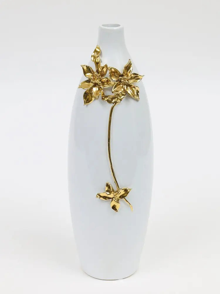 18" Gold Floral Oval Ceramic Table Vase With Sculptural Details - NOVA HOME FURNITURE