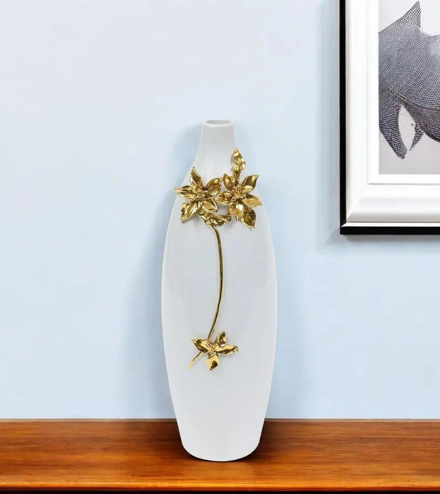 18" Gold Floral Oval Ceramic Table Vase With Sculptural Details - NOVA HOME FURNITURE
