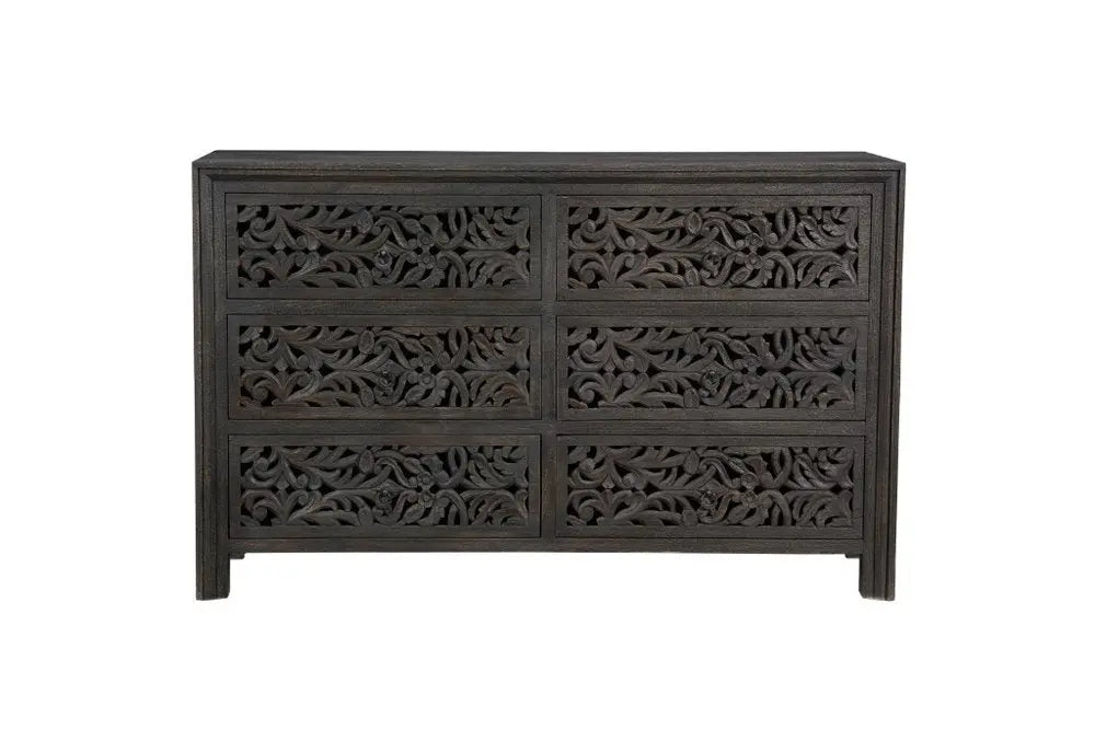 57" Black Solid Wood Six Drawer Dresser - NOBLE HOME INTERIORS