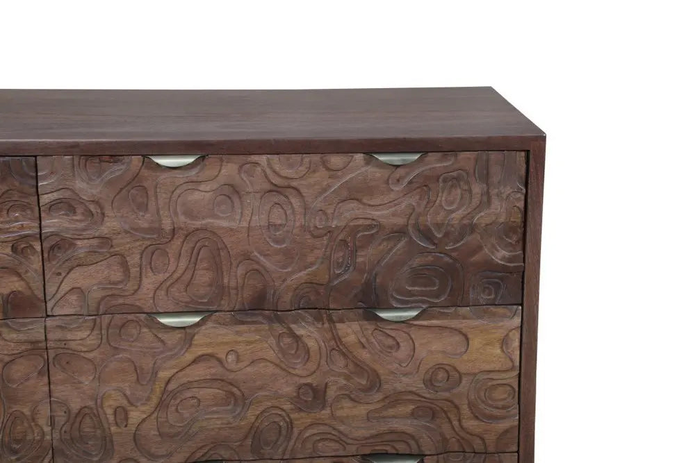 57" Brown Carved Abstract Solid Wood Six Drawer Dresser - NOBLE HOME INTERIORS