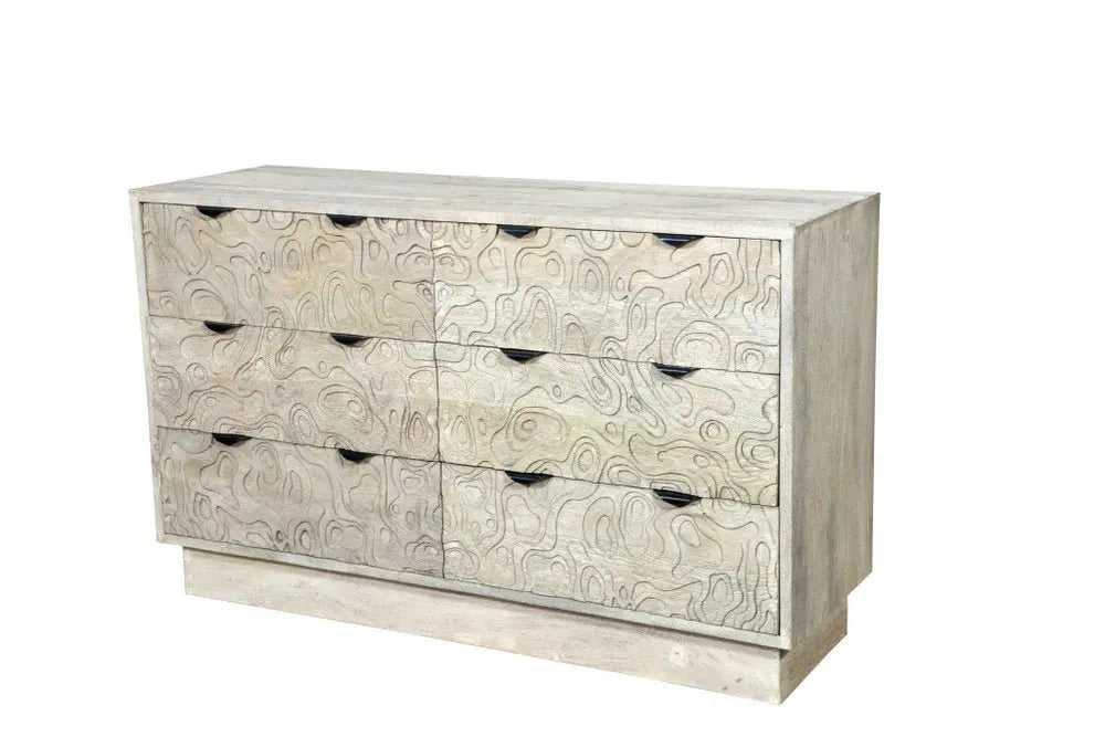 57" Gray Carved Geometric Solid Wood Six Drawer Dresser - NOBLE HOME INTERIORS