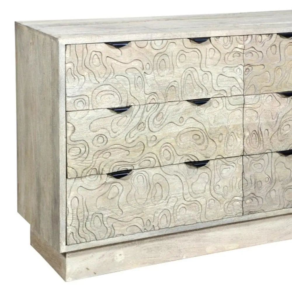 57" Gray Carved Geometric Solid Wood Six Drawer Dresser - NOBLE HOME INTERIORS
