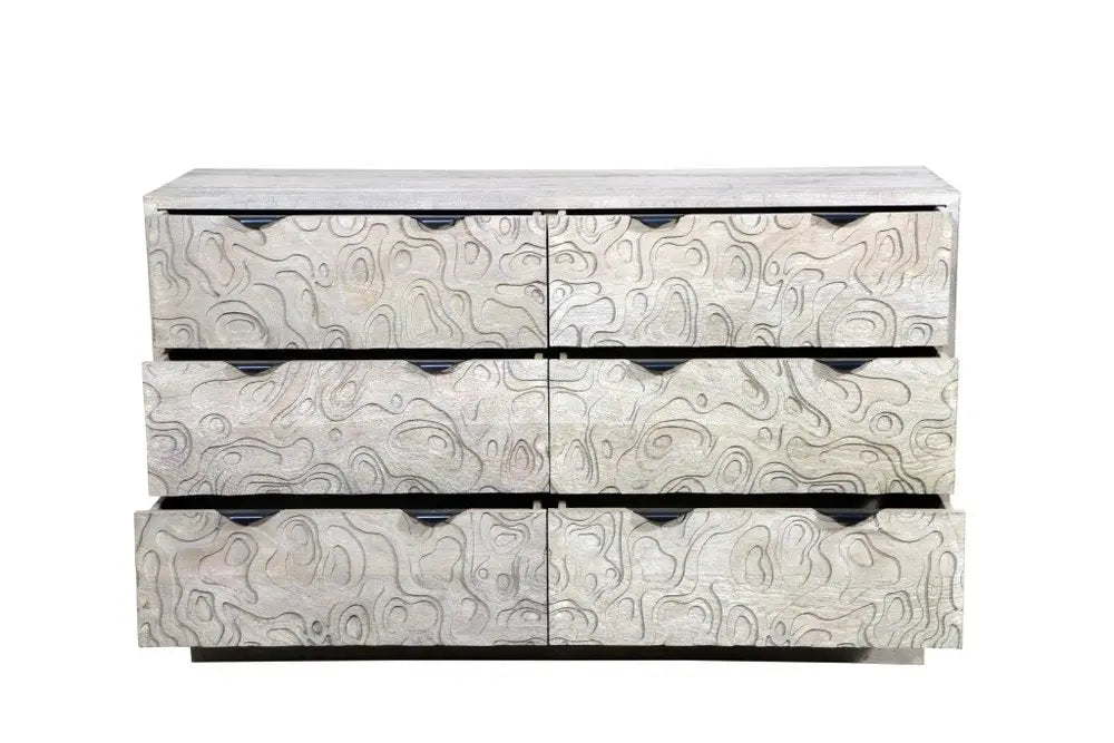 57" Gray Carved Geometric Solid Wood Six Drawer Dresser - NOBLE HOME INTERIORS