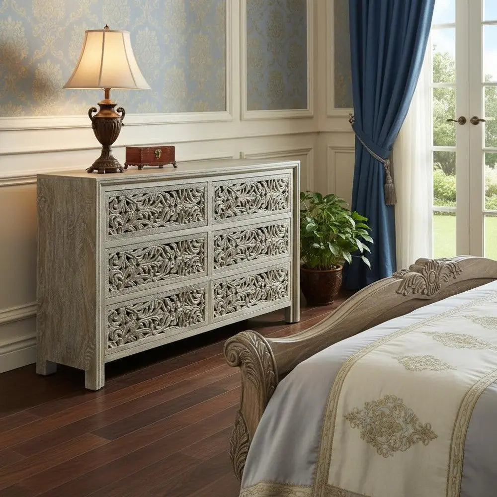 57" Gray Solid Wood Six Drawer Dresser - NOBLE HOME INTERIORS