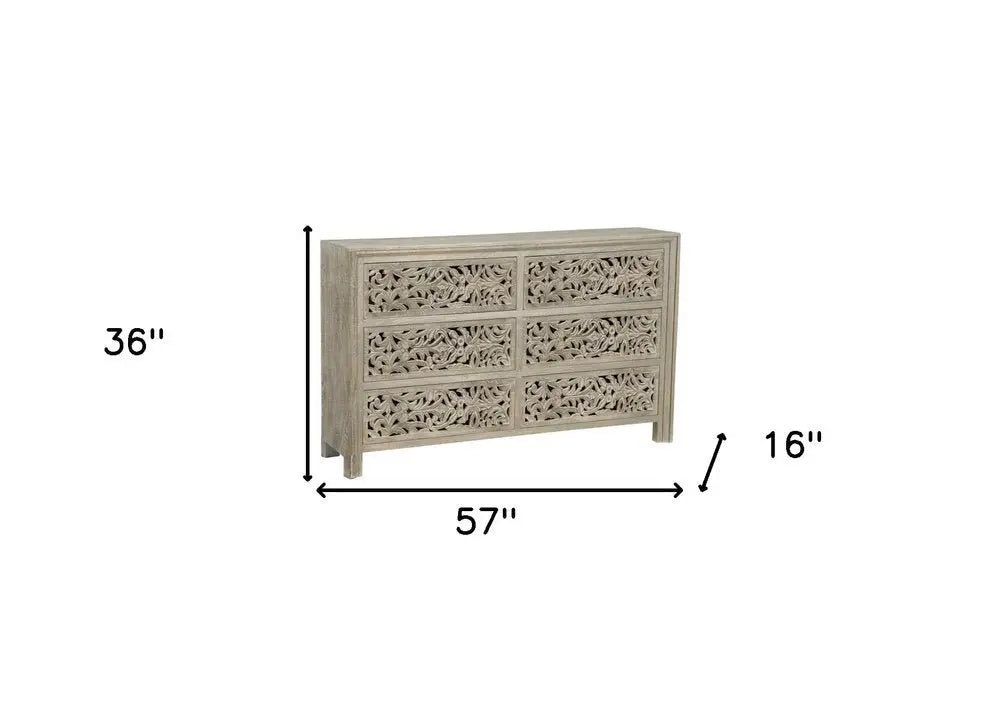 57" Gray Solid Wood Six Drawer Dresser - NOBLE HOME INTERIORS