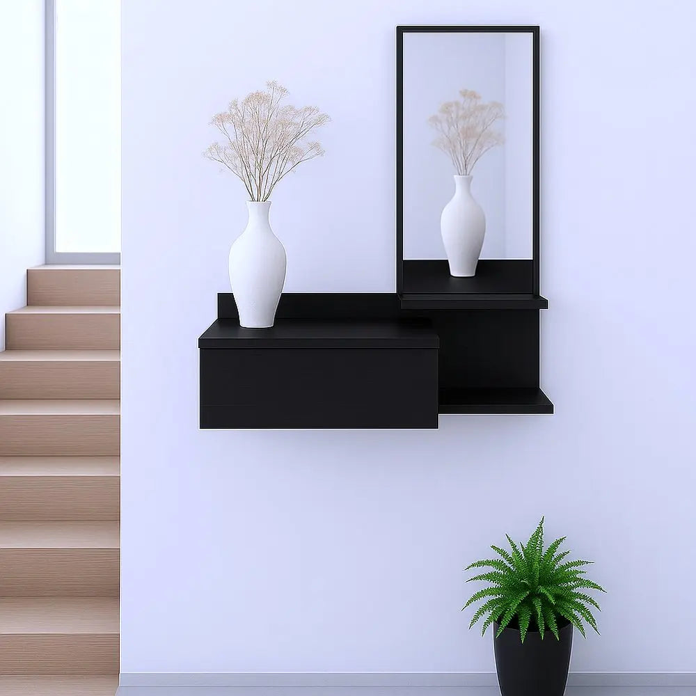 36" Black Wood Wall Mounted Accent Cabinet With Drawer And Mirror HomeRoots