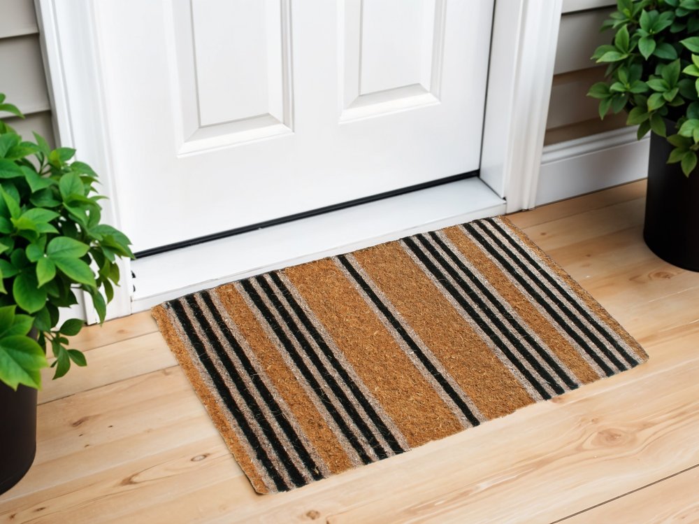 18" X 30" Brown and Black Coir Striped Outdoor Door Mat