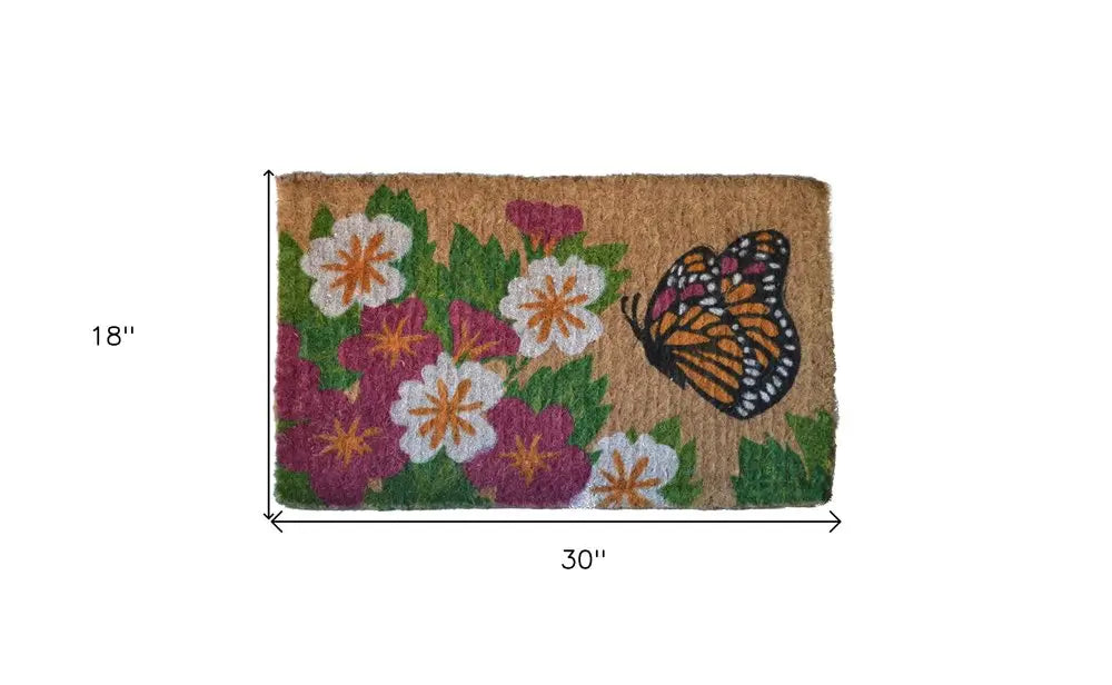 18" X 30" Brown and White Coir Floral Outdoor Door Mat
